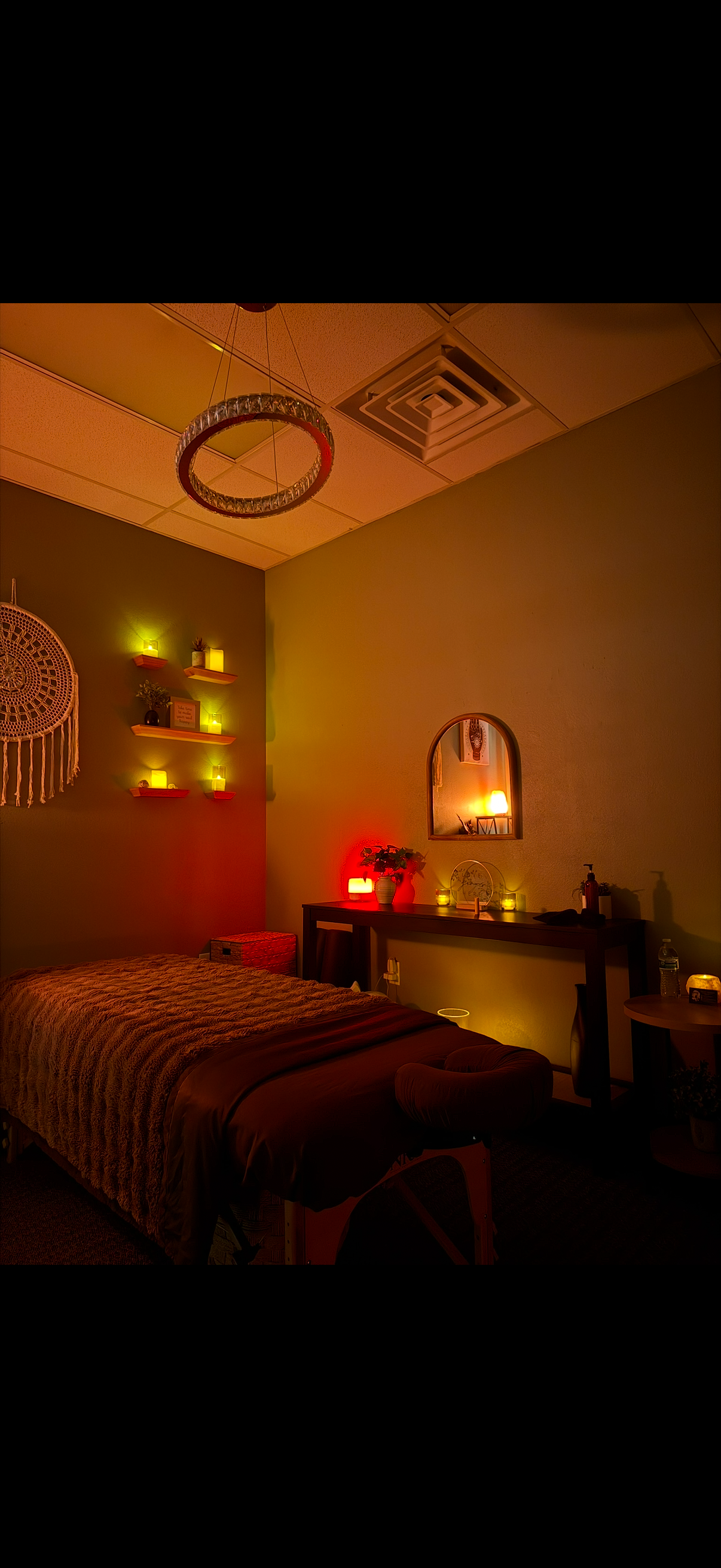 Atmospheric warm lighting inside Pure Haven Studio